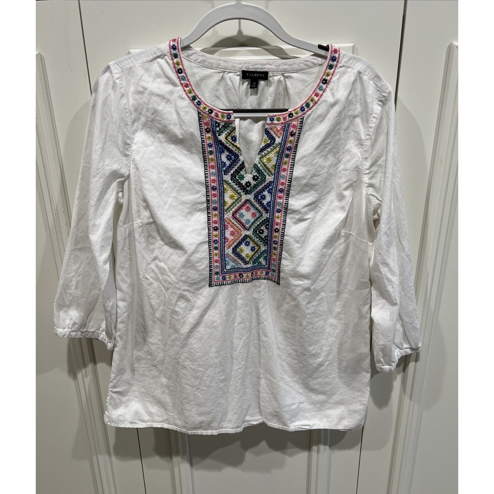 Talbots Embroidered Split Neck Top White‎ Aztec Boho Festival Hippie Resort